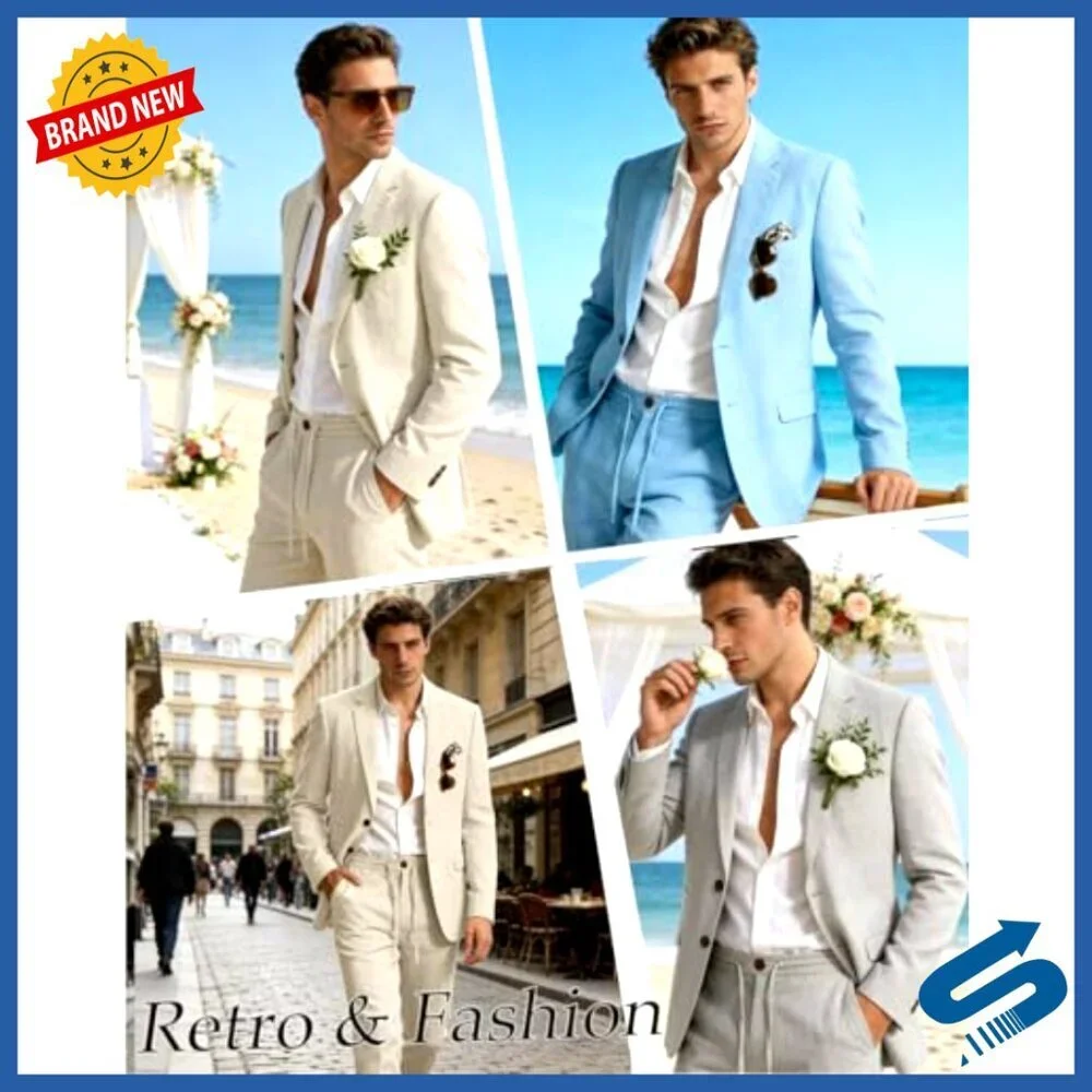 Men's Linen Suit 2-Piece Slim Fit Set Jacket Drawstring Pants Wedding Prom